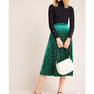 Maeve Anthropologie Green Carly Pleated Velvet Skirt Polka Dot Midi Women’s M